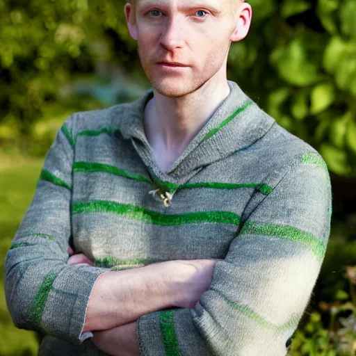 Prompt: photographic portrait of an English man, 37 years old, short golden blonde hair, balding, blue-green eyes, very pale white skin, an earring on left ear, very thin lips, smirking, posing in a garden, under bright sunlight