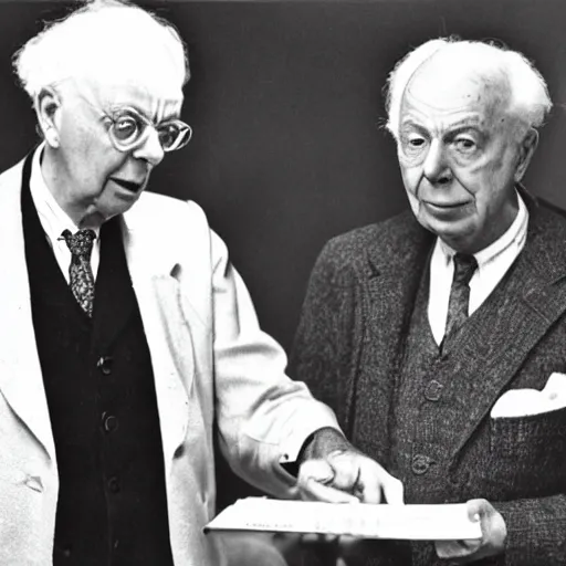 Image similar to john betjeman and bertrand russell having performative mid - century design arguments about paradox in poetry