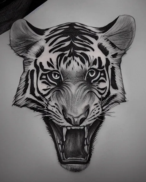 Image similar to tattoo design of a beautiful girl, wearing a tiger head hat, hyper realistic, hyper detailed, in the design of eliot kohek