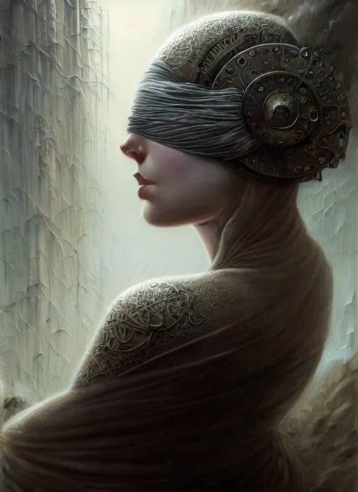 Prompt: closeup portrait shot of a pale woman with blindfold in a scenic dystopian environment, intricate, elegant, highly detailed, centered, digital painting, artstation, concept art, smooth, sharp focus, illustration, artgerm, tomasz alen kopera, peter mohrbacher, donato giancola, joseph christian leyendecker, wlop, boris vallejo