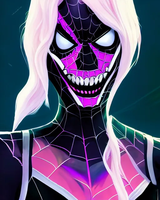 Image similar to portrait of Emma Stone as Spider-Gwen venom, art by lois van baarle and loish and ross tran and rossdraws and sam yang and samdoesarts and artgerm, middle shot, digital art, highly detailed, intricate, sharp focus, Trending on Artstation HQ, deviantart, unreal engine 5, 4K UHD image