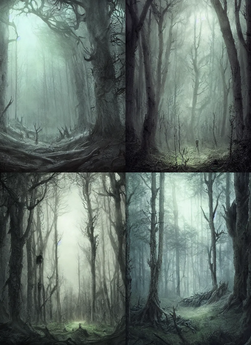 Prompt: a king enters a scary forest made of dead trees in alan lee and marc simonetti and emil melmoth style, view is 2 meters above the ground , cinematic lighting