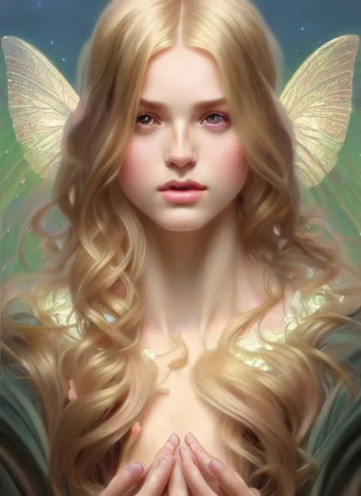 Prompt: perfectly feminine face!! full body portrait of young fairy goddess blessed by nature with ever - increasing physical mental perfection, blonde, symmetrical! intricate, sensual features, highly detailed, biblical divine holy perfection!! digital painting, artstation, concept art, smooth, sharp focus, illustration, art by artgerm and greg rutkowski and alphonse mucha
