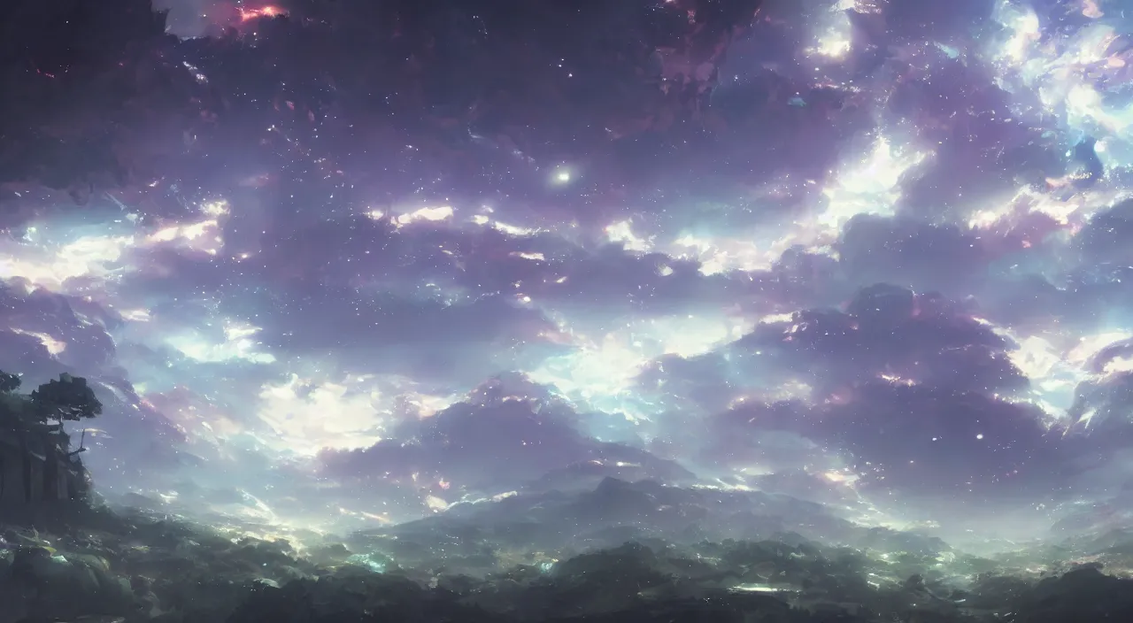 Image similar to scary art, epic, beautiful landscape, cinematic, clear focus, japenese light novel, abstract art, magical, space art, by makoto shinkai