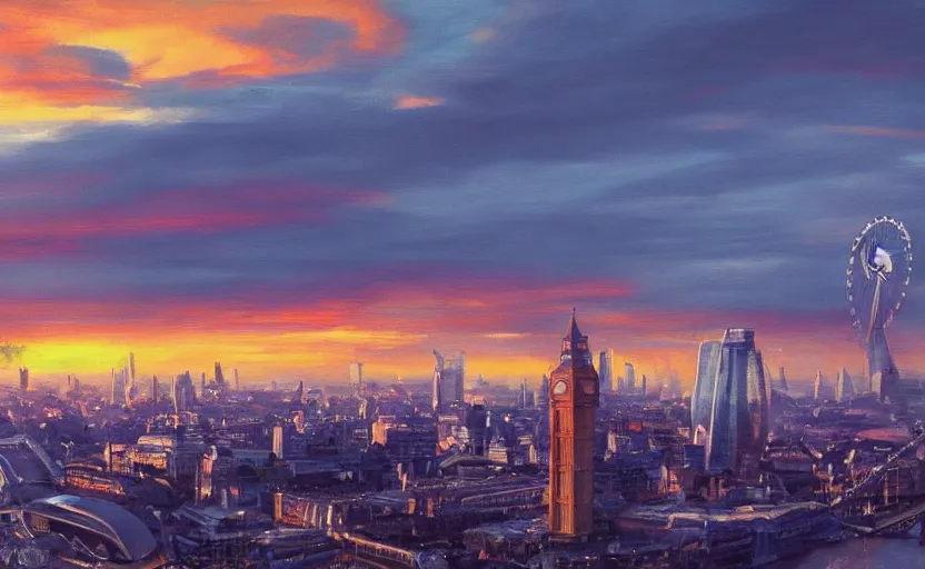 Prompt: London at sunset, planes in the background, artstation