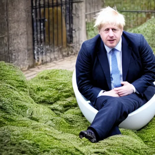 Prompt: Boris Johnson sitting inside a bathtub filled with beans, photograph