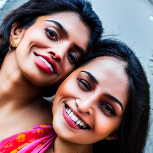 Image similar to unbelievably beautiful, perfect, dynamic, epic, cinematic 8K HD movie shot of two semi-close-up Indian women beautiful expressing joy and posing together. By oscar winning director. Motion, VFX, Inspirational arthouse, high budget, hollywood style, at Behance, at Netflix, with Instagram filters, Photoshop, Adobe Lightroom, Adobe After Effects, taken with polaroid kodak portra