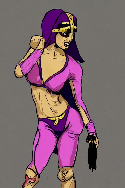 Image similar to arabian wrestling woman, cleanest posse, cleanest image without duplication, justify, concep art, parallel, hyperrealistic anatomy body content, violet polsangi pop art, gta chinatown wars art style, sharp focus, bioshock infinite art style, incrinate, dynamic stretching, rgba color, white frame, content balance proportion