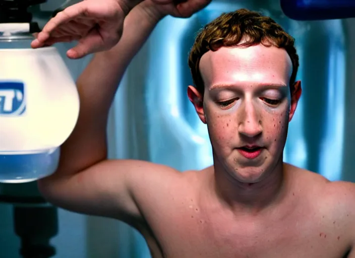 Image similar to film still of mark zuckerberg floating in a tank of milky fluid as a precog in minority report movie, 8 k