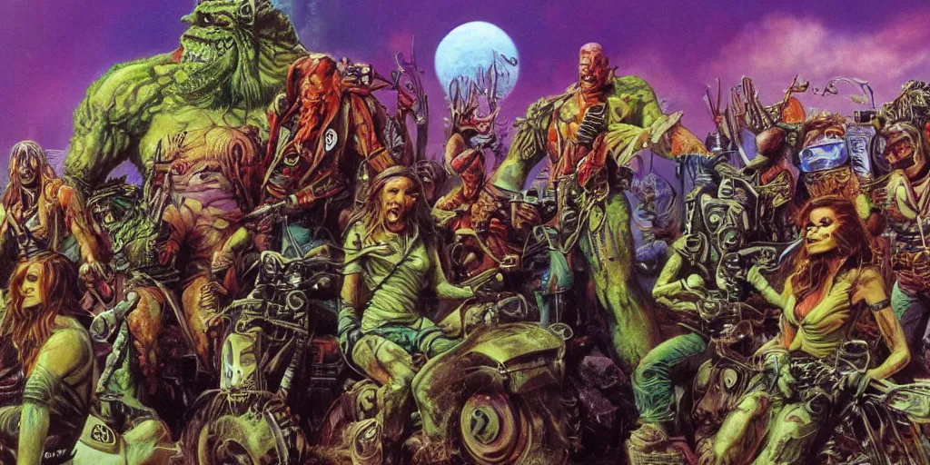 Image similar to members of a psychedelic post apocalyptic orcish biker gang, sharp focus, psychedelic colors, boris vallejo, michael whelan, 8 k, epic scifi fantasy art