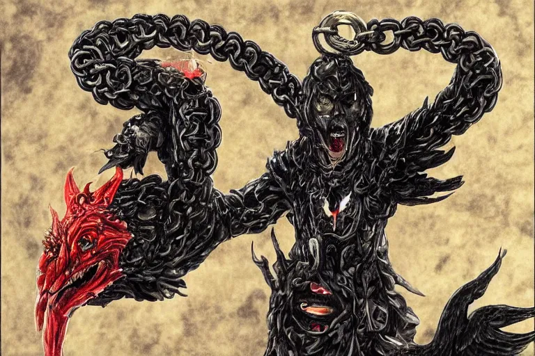 Image similar to lucifer, dark angel, hybrid human with snake, red eyes, chain, handcuffs, large chain, wide open mouth, scream, cruelty, sea bottom, light effect, hyper detailed