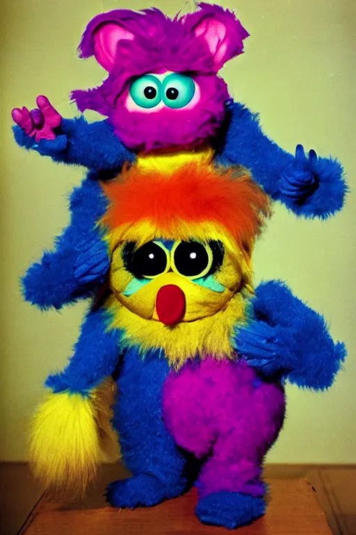 Image similar to retro 7 0 s photo of a cursed furby teletubby clown muppet hr pufnstuf