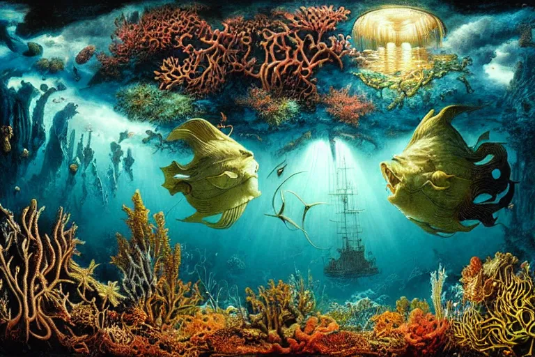 Prompt: underwater vista by ernst haeckel, david a. hardy, oyama kojima, phil koch, annie leibovitz, benoit mandelbrot, dan mumford, bruce pennington, mimmo rotella