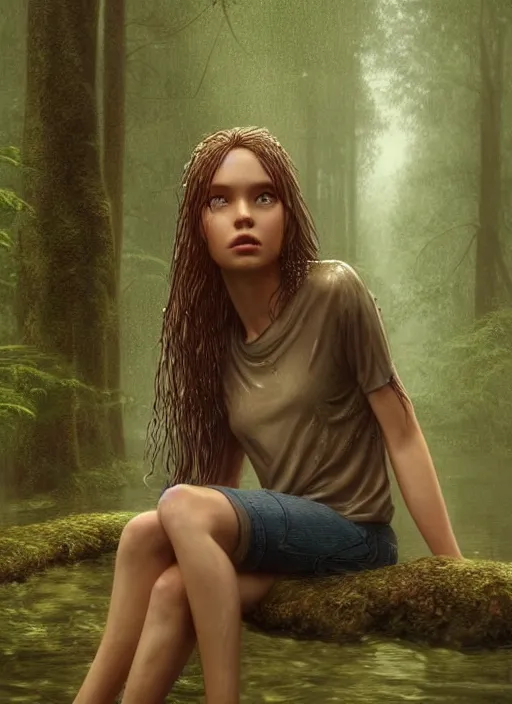 Image similar to young woman sitting : : wet hair and shirt : : raining forest nature : : weta disney pixar movie still photo : : decadent highly - detailed digital painting, full length shot, golden ratio, octane render, artstation, smooth, sharp focus, artgerm, mucha, loish, wlop, gogo