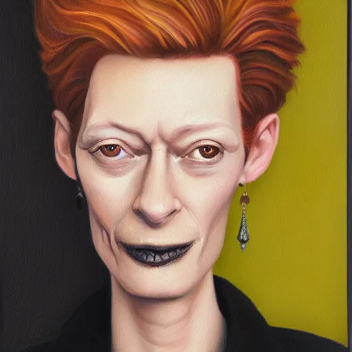 Image similar to an caricature of a young tilda swinton smoking a cigar, realistic oil painting by Mahesh Nambiar, trending on art station, 4K