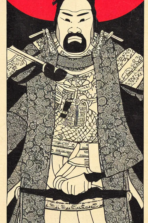 Image similar to an epic detailed political poster of a Japanese samurai in a temple, with Japanese text, in the style of a playing card, modern art, high quality, 4k