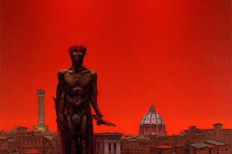 Image similar to only with red, caesar after war, a red tiger, in hoc signo vinces, rome in background, an ancient path, in the style of beksinski, part by hopper, part by rodcenko, part by hofbauer, intricate composition, red by caravaggio, insanely quality, highly detailed, masterpiece, red light, artstation