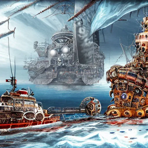 Prompt: barotrauma submarine being attacked by crawlers under the europa ice, hyper realism, ornate intricate details, high detail, steampunk, 4K, deep aesthetic, rich colors, variations,