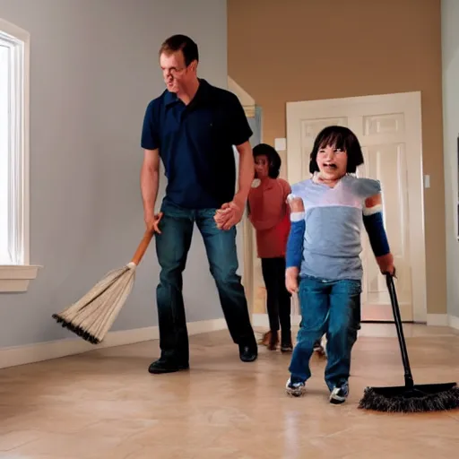 Image similar to a family chasing a bat around a room with a broom and a plastic bin.