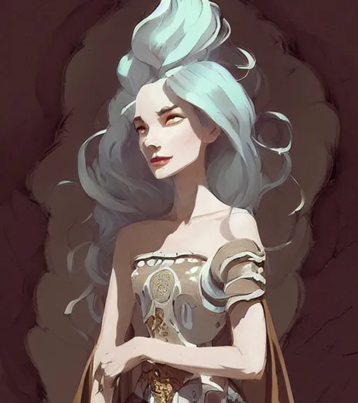 Image similar to portrait of a baroque dress design from fantasy world for dragon queen by atey ghailan, by greg rutkowski, by greg tocchini, by james gilleard, by joe fenton, by kaethe butcher, dynamic lighting, gradient light blue, brown, blonde cream and white color scheme, grunge aesthetic