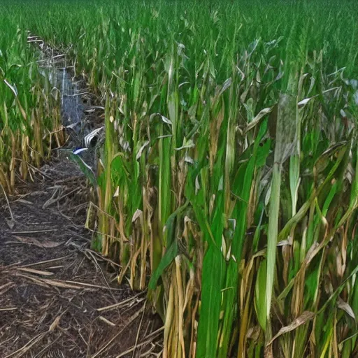 Prompt: nighttime trail cam footage, several floating corn cobs, ominous