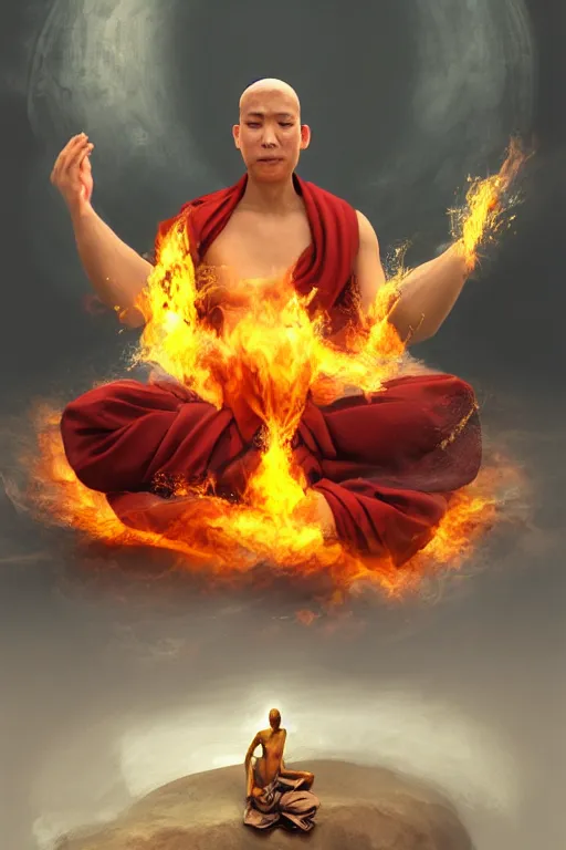 Image similar to A meditating monk on fire , Trending on artstation.