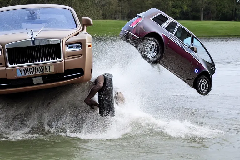 Image similar to Teenagers push Rolls-Royce into lake with their hands from a small slide wanting to drown him