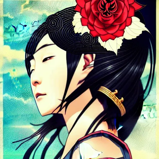 Image similar to portrait of japanese woman :: side profile :: in ocean :: clockwork details :: gold :: blood and roses :: by MARVEL comics and Sandra Chevrier