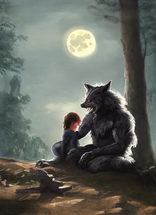 Prompt: a painting of a werewolf at night sitting next to a human child in front of full moon, fantasy art, matte painting