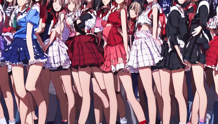 Image similar to waldo hiding amongst a group of cute anime girls in short miniskirts, lightly dressed, ultra detailed digital art, hyper real, detailed, closeup shot, ultra detailed