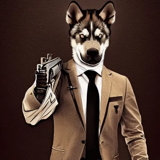 Image similar to a man with a husky's face wearing a suit and holding a gun, Digital art, intricate details, illustration