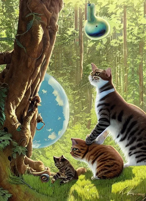 Image similar to a hyper realistic cat meeting an alien. and sunbeams blue sky, lush forest foliage painting by chiara bautista and norman rockwell and greg rutkowski weta studio, and lucasfilm