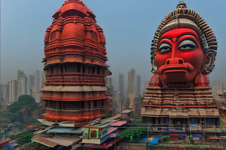 Image similar to high quality 3 d cyberpunk biomorphic hanuman head building in the middle of mumbai!!, kalighat highly detailed, cinematic smooth, stephen shore & john j. park, soft morning light, wide shot, high angle, uhd 8 k, deep focus