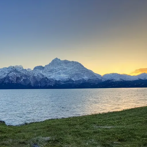 Prompt: sun setting over Italian Lake, snowy mountains in the background,