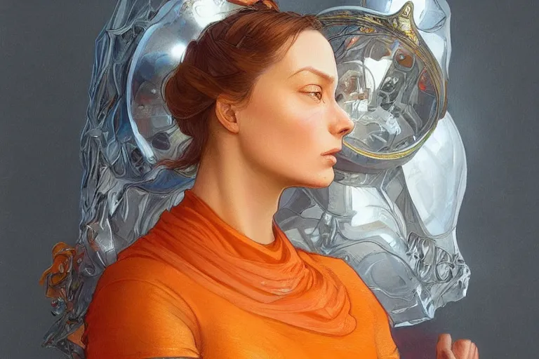 Image similar to portrait of tinfoil hat man in orange t - shirt behind his wife, feelings, romantic, fantasy, intricate, elegant, highly detailed, digital painting, artstation, concept art, smooth, sharp focus, illustration, art by artgerm and greg rutkowski and alphonse mucha