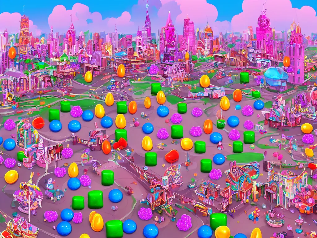 Image similar to Candy Crush City, Ilse Gort, Olya Bossak, artstation