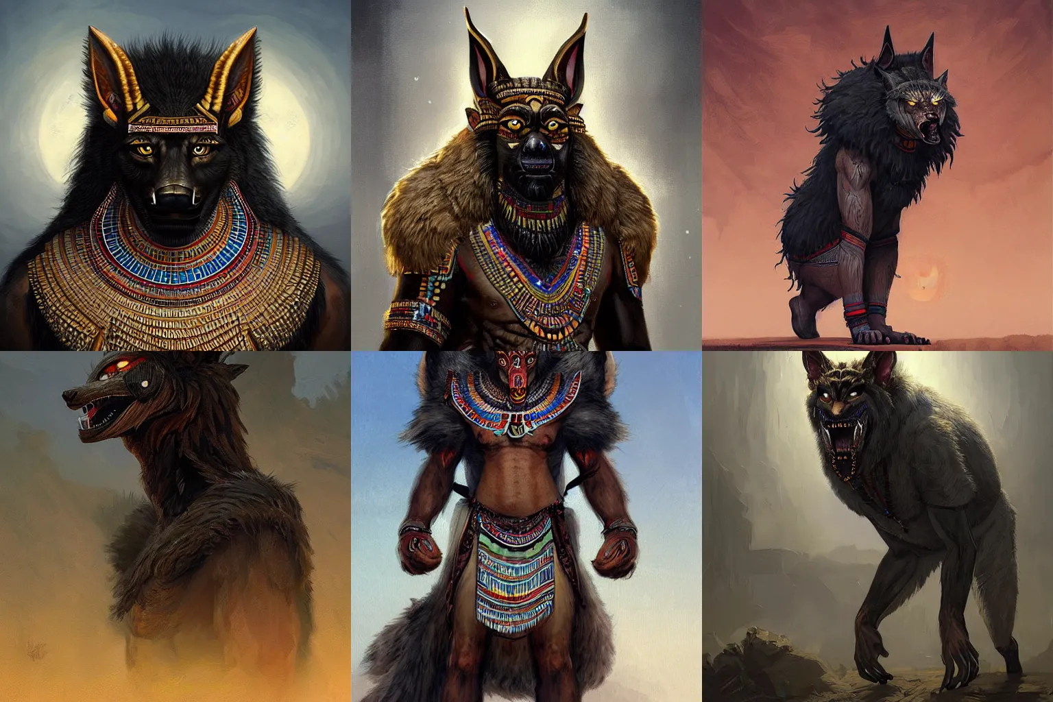 Prompt: intricate painting of a Tribal Egyptian Clothes Werewolf with black fur, featured in artstation, trending, concept art by Greg Rutkowski, WLOP, Dan Mumford, Christophe Vacher