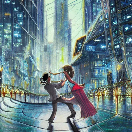 Image similar to a dancing couple in a future city, highly detailed, fantasy art