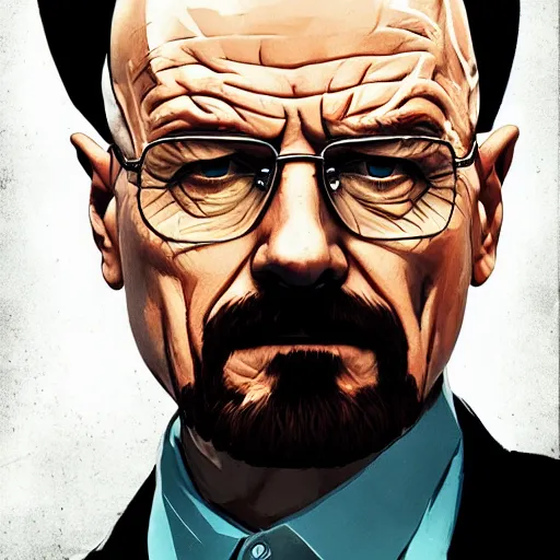 Image similar to walter white close - up, breaking bad, gta 5 cover art, borderlands style, cellshading, trending on artstation, by rhads, andreas rocha, rossdraws, makoto shinkai, laurie greasley, lois van baarle, ilya kuvshinov and greg rutkowski