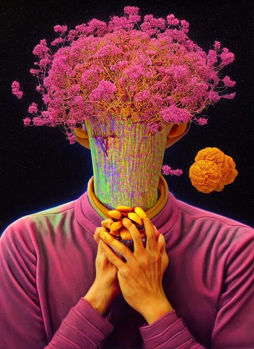 Image similar to hyper detailed 3d render like a Oil painting - serious portrait of Hank Green in Aurora (Singer) seen Eating of the Strangling network of yellowcake aerochrome and milky Fruit and Her delicate Hands hold of gossamer polyp blossoms bring iridescent fungal flowers whose spores black the foolish stars by Jacek Yerka, Mariusz Lewandowski, Houdini algorithmic generative render, Abstract brush strokes, Masterpiece, Edward Hopper and James Gilleard, Zdzislaw Beksinski, Wolfgang Lettl, hints of Yayoi Kasuma, octane render, 8k