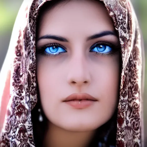 Prompt: young arab Monica Belluci, blue eyes, DSLR photography, closeup, focus