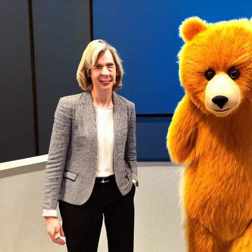 Prompt: Jennifer Doudna with Oski the Bear mascot