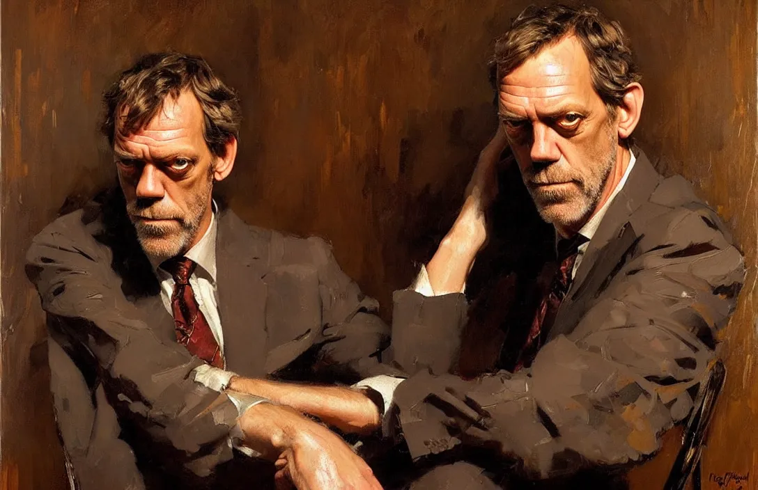 Image similar to portrait of hugh laurie!!!!!!!!!!!!!!!!!!!!!!!!!!!, detailed face, detailed painting, epic lighting, by ilya repin, phil hale and kent williams