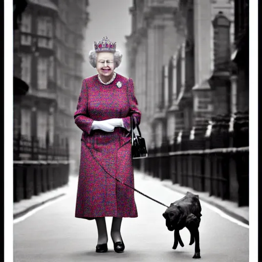 Image similar to photography portrait of queen elizabeth ii, queen of united kingdom, wearing a union jack dress and walking her dogs in the streets of london, photorealistic, canon r 3, photography, wide shot, symmetrical features, symmetrical pose, wide angle shot, head to toe, standing pose, feet on the ground