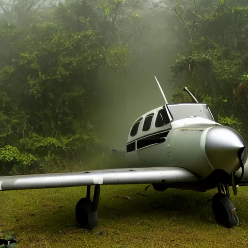 Image similar to beechcraft type 1 8 crash landed in a misty foggy jungle,