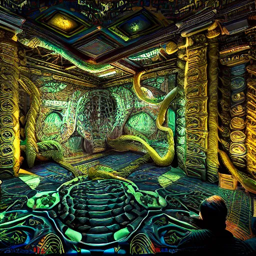 Image similar to Photorealistic inside a temple made of snakes. Hyperdetailed photorealism, 108 megapixels, amazing depth, glowing rich colors, powerful imagery, psychedelic Overtones, 4D, 3D Shading, 3D cinematic lighting, finalrender, artstation concept art