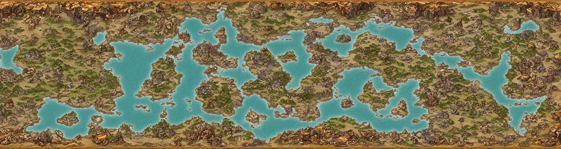 Prompt: fantasy world atlas in the style of an mmorpg world map, extremely detailed, fantasy, no text, 4 k