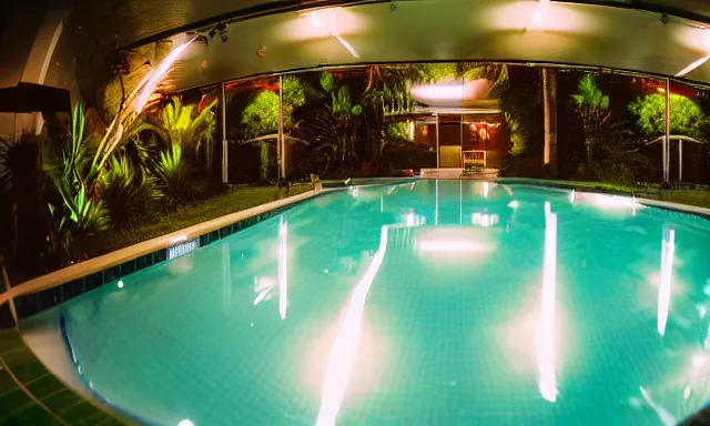 Image similar to indoor pool with ferns and palm trees at night, shops, pool tubes, chromatic abberation, dramatic lighting, dim lighting, horror lighting, depth of field, 80s photo, wideangle, fisheye