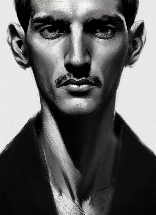 Image similar to portrait of a man with a roman nose and a confident expression, 1 9 6 0 s, black clothes, punk, funk, intricate, elegant, highly detailed, digital painting, artstation, concept art, smooth, sharp focus, illustration, art by wlop, mars ravelo and greg rutkowski