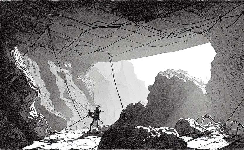 Prompt: natural cave, dynamic light, cables on ceiling and walls, some old props on the ground, mist low over ground, illustration by james gurney and josan gonzales, clean line, minimalistic